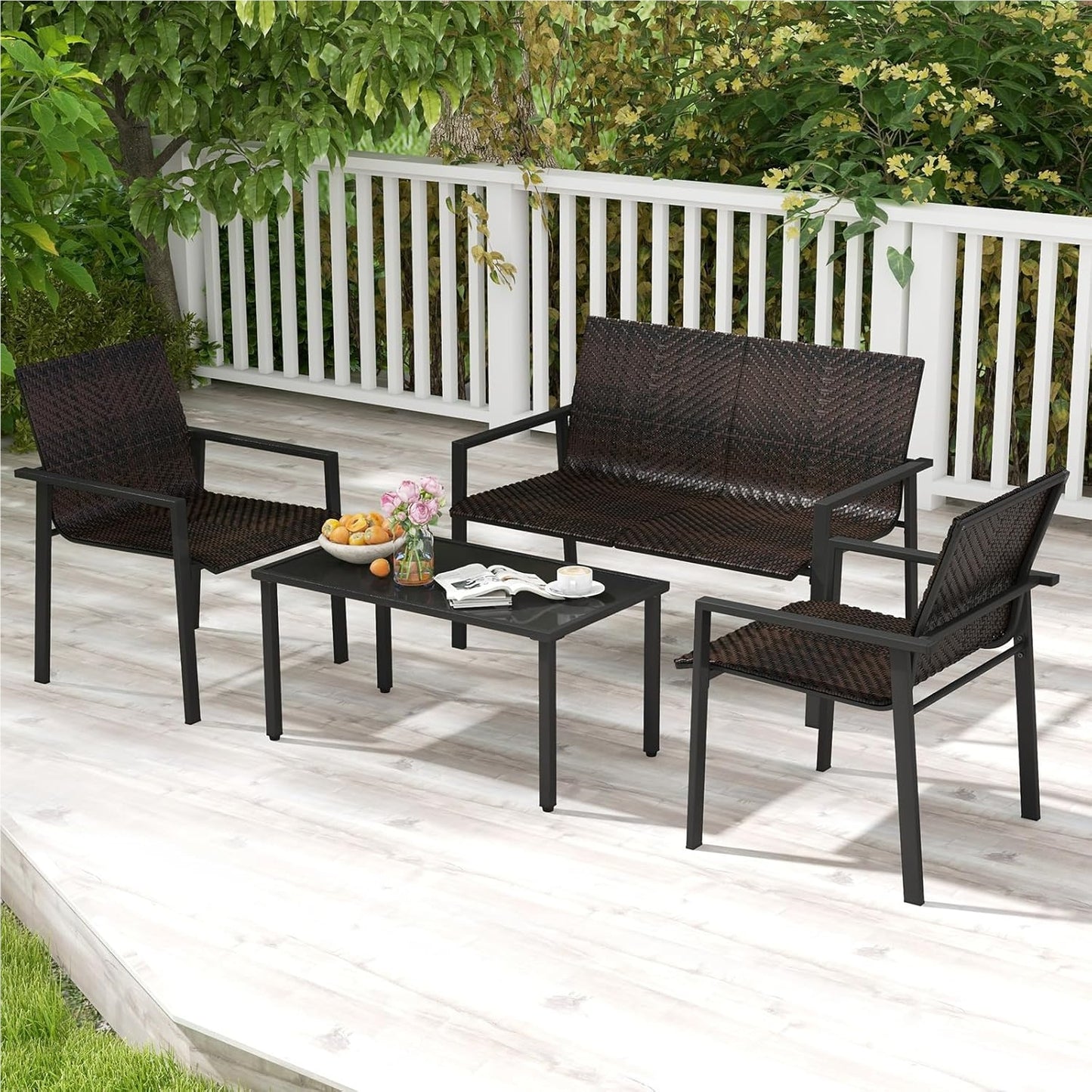 Polyrattan Tuinmeubelset – Tuinset – Loungeset – Balkonset – Terrasmeubelen – 4-Delig Met 2 Stoelen, Bank & Tafel – Weerbestendig Metaalframe – Gehard Glas Blad – Bruin