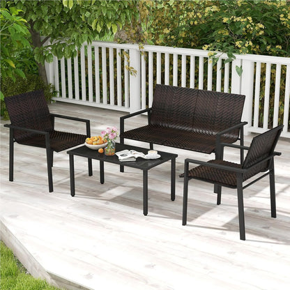 Polyrattan Tuinmeubelset – Tuinset – Loungeset – Balkonset – Terrasmeubelen – 4-Delig Met 2 Stoelen, Bank & Tafel – Weerbestendig Metaalframe – Gehard Glas Blad – Bruin