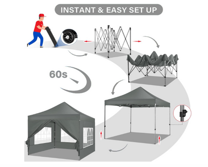 Pop-up Tent – Vouwtent – Partytent – Markttent – Zonnetent – 3,05 x 3,05 Meter – 4 Zijwanden – 3 Hoogte-instellingen – Draagtas Met Wieltjes – Snel Opzetbaar – Waterafstotend