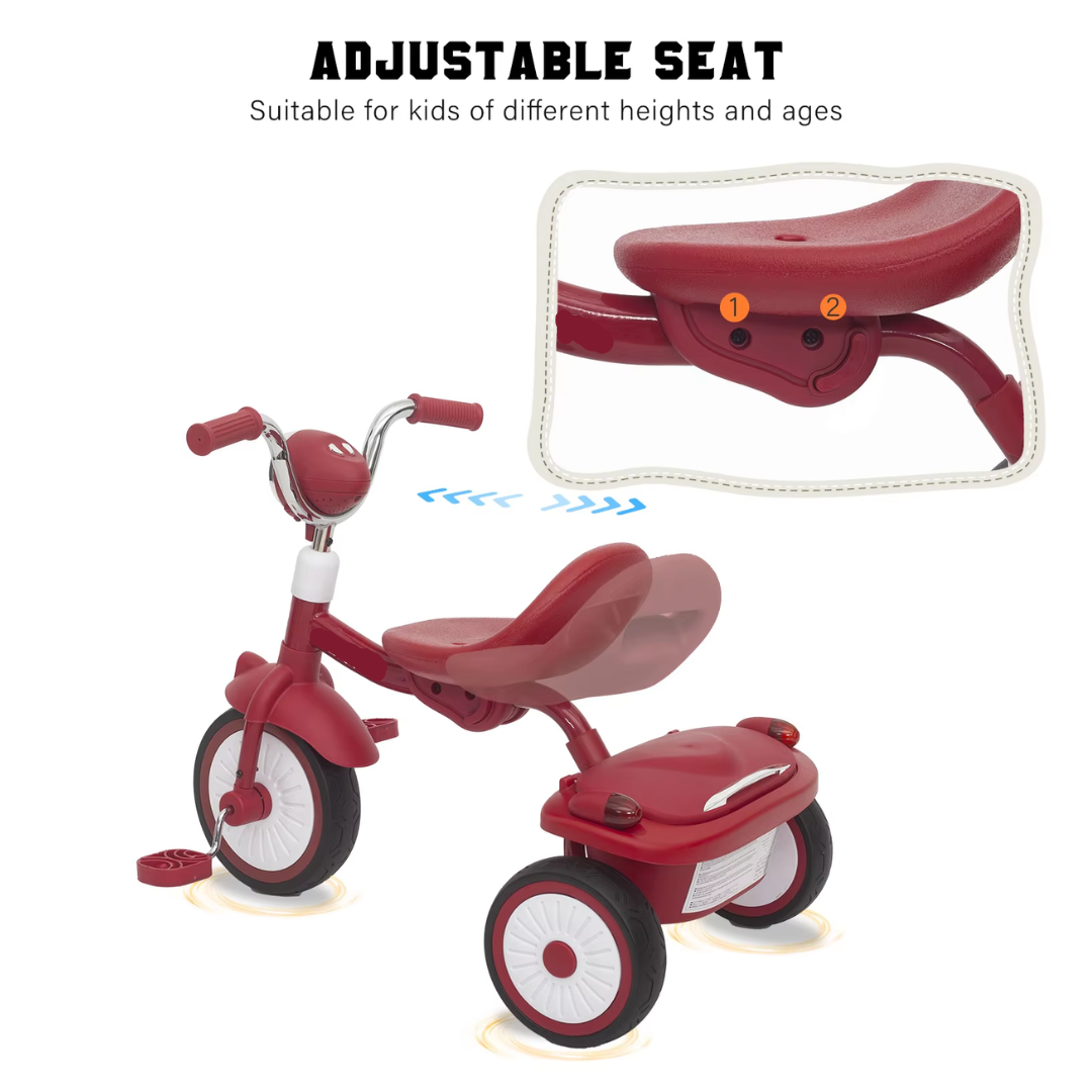 Driewieler voor Peuters – Kinderfiets Opvouwbaar met PU Wielen – Verstelbaar Zadel – Met Voorlamp & Opbergmand – 1 tot 3 Jaar – Rood