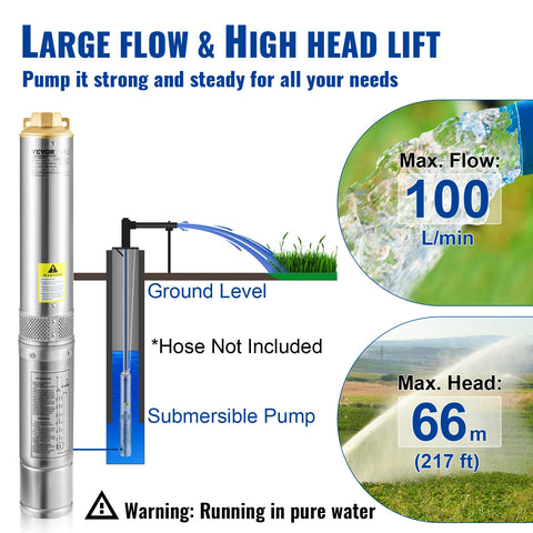 Vevor - Water pump - Deep well submersible pump - 750W - 230V - 50Hz stainless steel - for industrial irrigation and home use - Silver