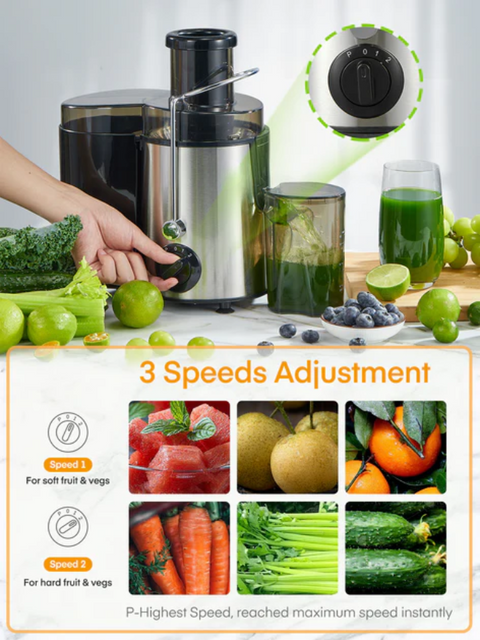 Sapcentrifuge - Slowjuicer - voor Groenten - Fruit - 800W - 65mm Vulopening - 3 Snelheden - Anti-Druppelfunctie - Oververhittingsbeveiliging - 15000-18000 rpm - RVS - 1.6L - Zilver
