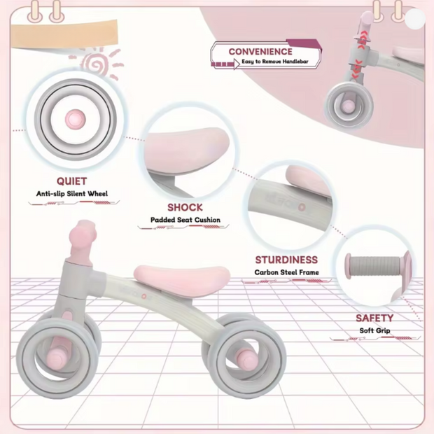 Loopfiets - roze-grijs - loopfiets 1 jaar - loopfiets 2 jaar - loopfiets 3 jaar - loopfietsen - loopfiets jongens 2 jaar - loopfiets meisje 2 jaar