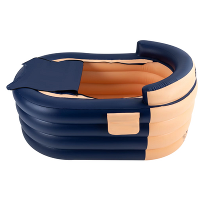 Opblaasbaar Bad voor Volwassenen – Opvouwbare Badkuip 140x84x74 cm  – Inclusief Pomp – Comfortabel Thuisbad voor Binnen en Buiten – Blauw met Oranje - QUORE