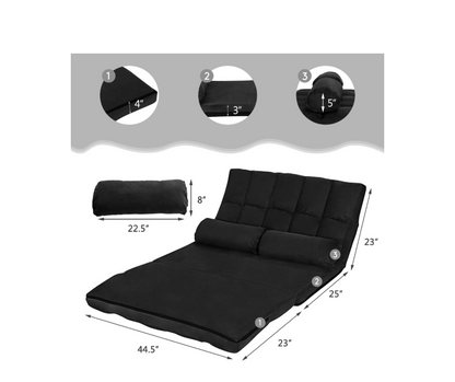 Verstelbare Vloerbank – Sleeper Bed – Klapbank – Loungestoel – Gaming Sofa – 5-Standen Rugleuning – Zachte Suède Bekleding – Inclusief 2 Kussens – Zwart