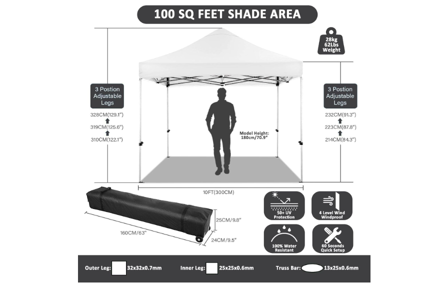 Pop-up Partytent – Klap Tent – Vouwtent – Markt Tent – Evenemententent – 3,05×3,05 Meter – 4 Afsluitbare Zijwanden – Verstelbare Hoogte