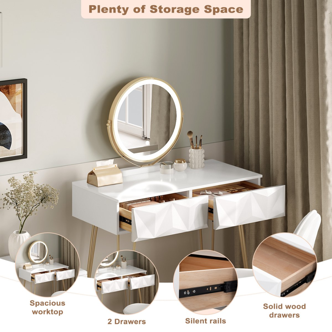 Make-up Tafel Set met 3-Niveau Verstelbare LED Spiegel en Fluwelen Stoel – 80x40 cm – Dressoir voor Slaapkamer – Perfect Cadeau voor Meisjes en Vrouwen