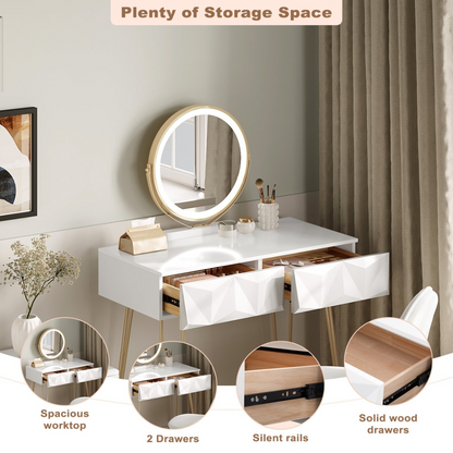 Make-up Tafel Set met 3-Niveau Verstelbare LED Spiegel en Fluwelen Stoel – 80x40 cm – Dressoir voor Slaapkamer – Perfect Cadeau voor Meisjes en Vrouwen