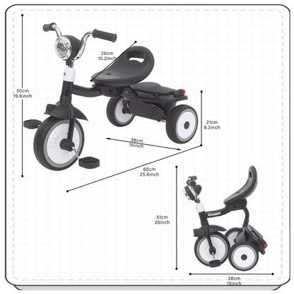 Driewieler voor Peuters – Kinderfiets Opvouwbaar met PU Wielen – Verstelbaar Zadel – Met Voorlamp & Opbergmand – 1 tot 3 Jaar – Zwart