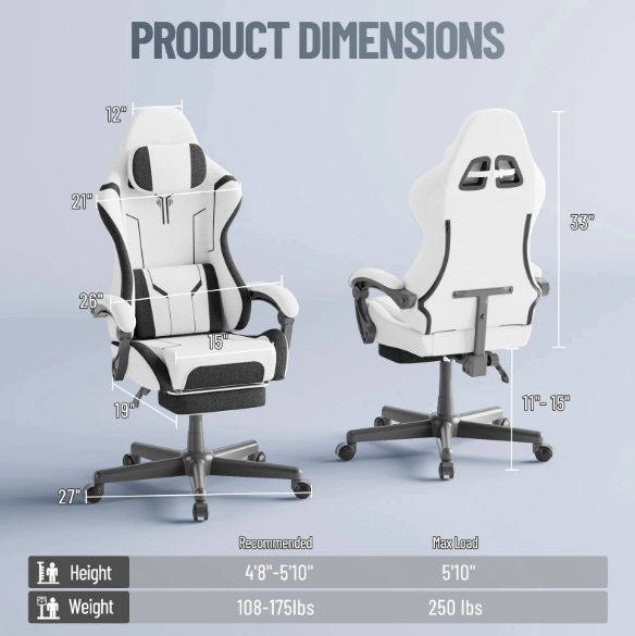 Gaming Stoel – Gamestoel – Gaming Chair – Game Stoel – Speelstoel – Verstelbaar 150-190 cm – Met Inklapbare Voetensteun – Lendensteun & Hoofdsteun – Max. 135 kg