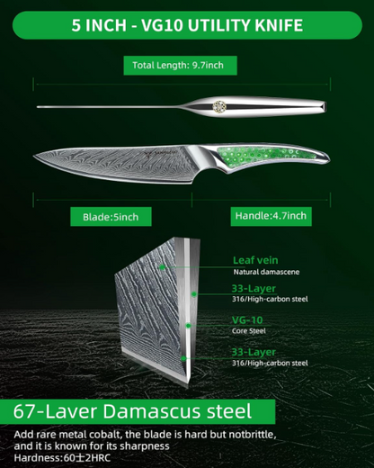 Damesschilmessen – Schilmesje – Utility Mes – Koksmes – Keukenmessen Set – VG10 Damascus Staal – Ergonomische Hars Handgrepen – Ambidextrisch Design – Groen