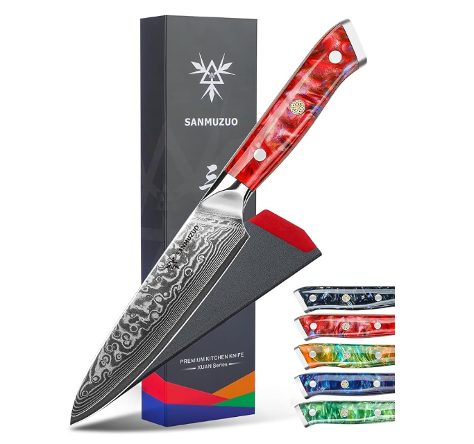 Messenset – Keukenmessen – Broodmes – Utility Mes – Santokumes – Rood – VG10 Damascus Staal – Resin Handvat
