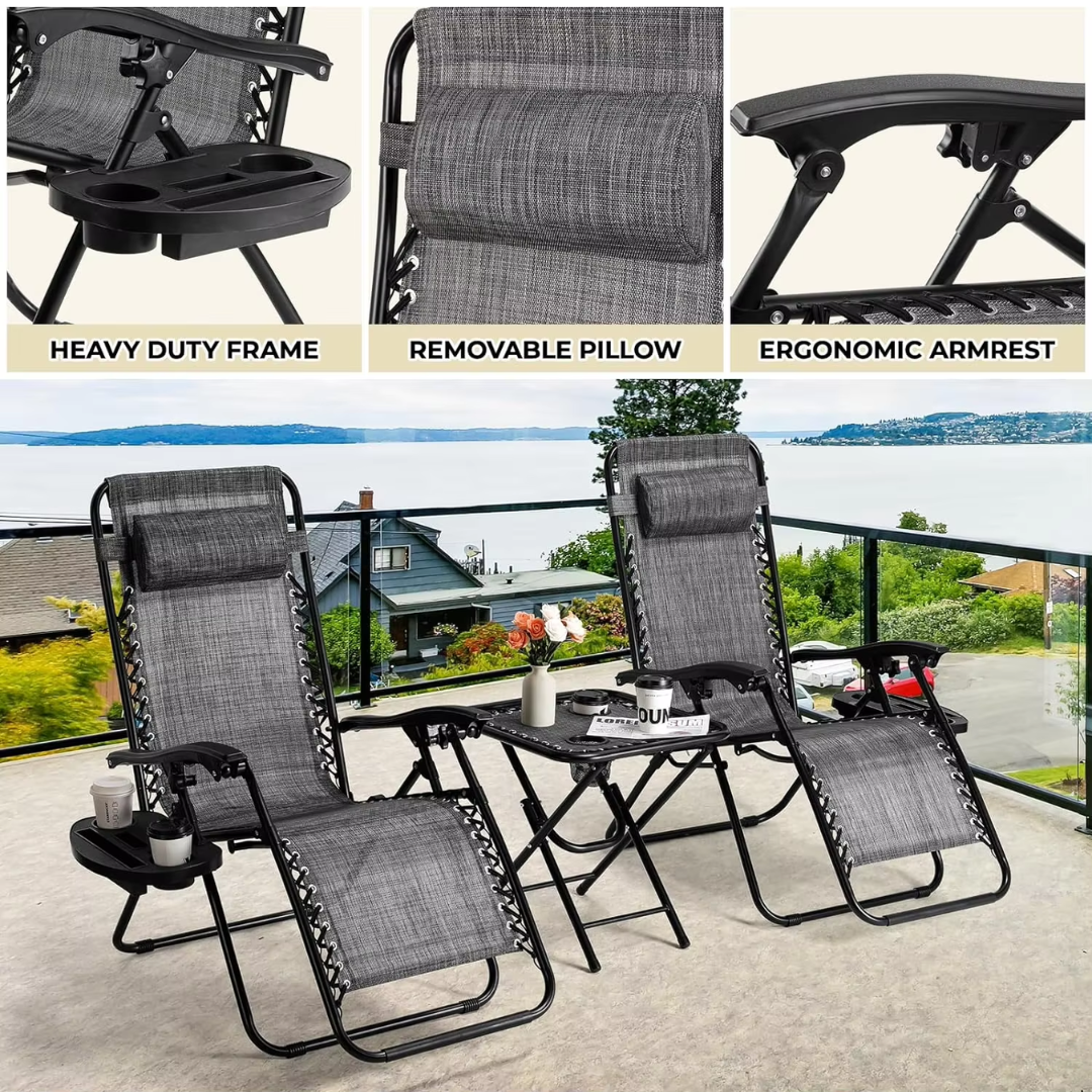 Ligstoelen Set met Tafel - Loungeset Buiten - Verstelbare Tuinstoelen - Campingstoelen - Opvouwbare Strandstoelen met Hoofdkussen en Bekerhouder - Grijs