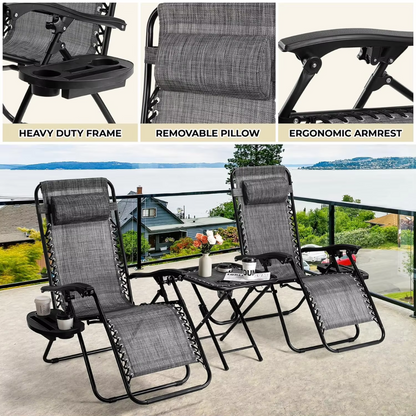 Ligstoelen Set met Tafel - Loungeset Buiten - Verstelbare Tuinstoelen - Campingstoelen - Opvouwbare Strandstoelen met Hoofdkussen en Bekerhouder - Grijs