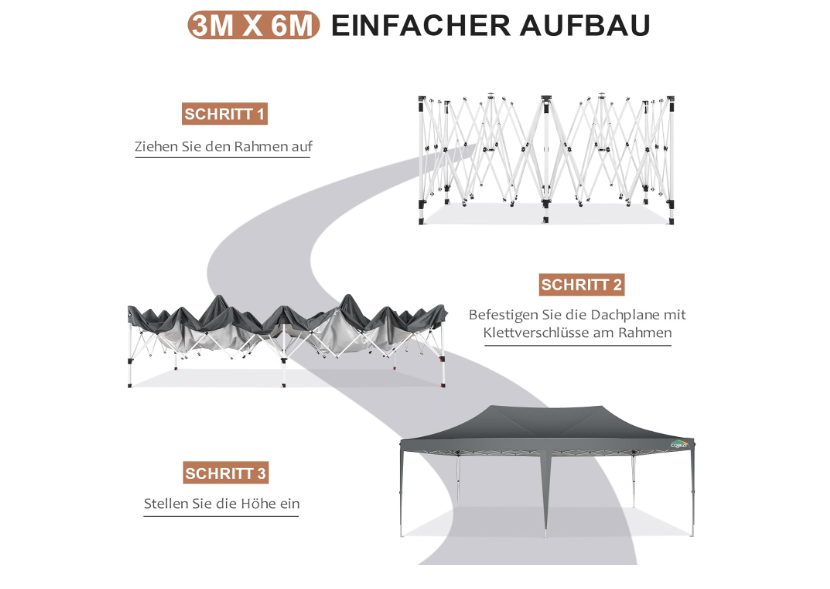 Partytent – Feesttent – Paviljoen – Tuintent – Opvouwbare Tent – 3x6 m – Waterdicht Polyester – 4 Afneembare Zijwanden – Verstelbare Hoogte – Draagbare Pop-up