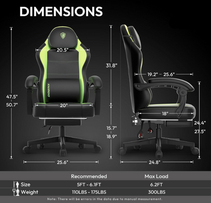 Gamingstoel – Bureaustoel – Desk Chair – Zitzak – Game Chair – Ergonomisch Design – Draagkracht 136 kg – Voetensteun – Groen