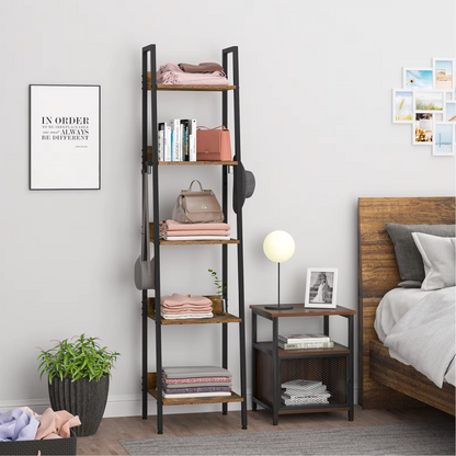Boekenkast – Industrieel Boekenrek met Houten Planken en 4 Haken – Multifunctionele Boekenplank - Stellingkast - Keukenrek – Open Opbergrek voor Woonkamer, Keuken of Kantoor – 40x170x36 cm – Zwart & Hout - QUORE