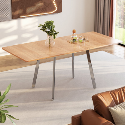 Uitschuifbare Eettafel - Naturel kleur - Zilver verchroomde poten - 140 cm x 80 cm - uitschuifbaar tot 180 cm - sterke legering steunen - geschikt voor 4-6 personen