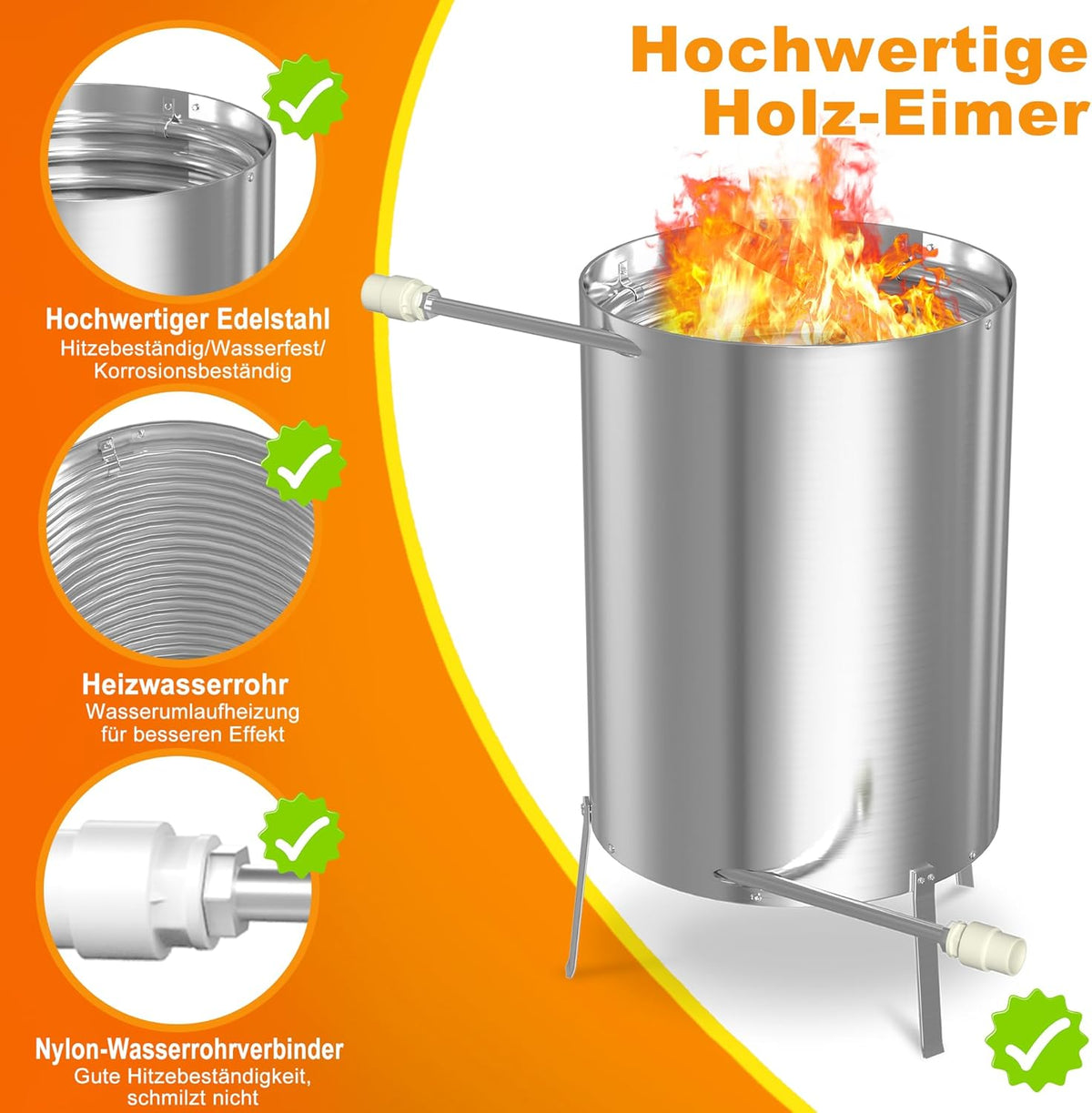 Zwembadverwarming – Pool Heater – Buitenverwarming – Vuurkorf – Houtverwarmer – Roestvrij Staal – 28 Liter – 2-in-1 Ø32/38 mm Aansluiting – Energiebesparend Met Hout Stoken – Veilig Met Asopvangbak