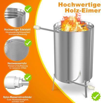 Zwembadverwarming – Pool Heater – Buitenverwarming – Vuurkorf – Houtverwarmer – Roestvrij Staal – 28 Liter – 2-in-1 Ø32/38 mm Aansluiting – Energiebesparend Met Hout Stoken – Veilig Met Asopvangbak