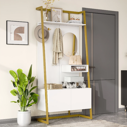 Kapstok – Garderoberek – Wandkapstok – Staande Kapstok – Kledingrek – Wit – Compact Ruimtebesparend Design – Inclusief Spiegel en Schoenenbank