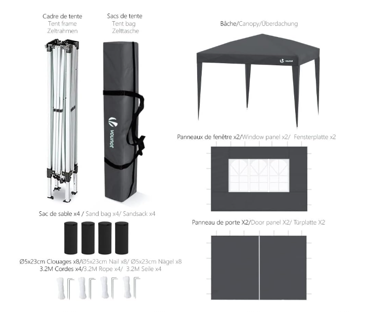 Partytent – Pop-up Tent – Paviljoen – Feesttent – Tuintent – Waterdicht – 3,05x3,05 m – Hoogte Verstelbaar – Met Afneembare Zijwanden