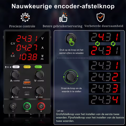 Lab Voeding - DC Bench Voeding - Regelbare Voeding - Voeding - - Functie Generator - 30V - 10A - 220V - Voeding Spanningsregelaar - met Intelligente Oplaad Modus - Zwart