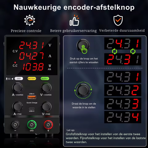 Lab Voeding - DC Bench Voeding - Regelbare Voeding - Voeding - - Functie Generator - 30V - 10A - 220V - Voeding Spanningsregelaar - met Intelligente Oplaad Modus - Zwart