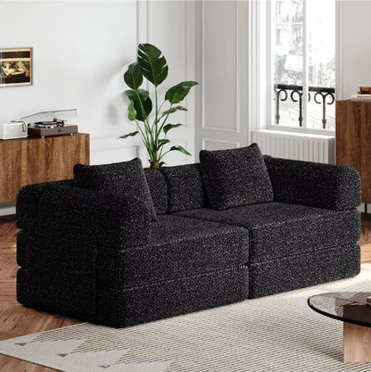 2-In-1 Chenille Sofa Bed – Slaapbank – Bedbank – Loungebank – Opklapbare Bank – Met Opbergruimte in Armleuning – Drie Verstelbare Metalen Frames – Zwart - QUORE