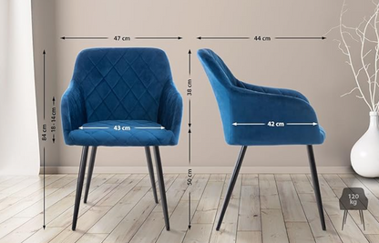 Eetkamerstoel – Keukenstoel – Stoel – Kuipstoel – Fauteuil – Fluweel Bekleding – Aluminium Metalen Poten – Met Armleuningen – Ergonomisch Design - Blauw