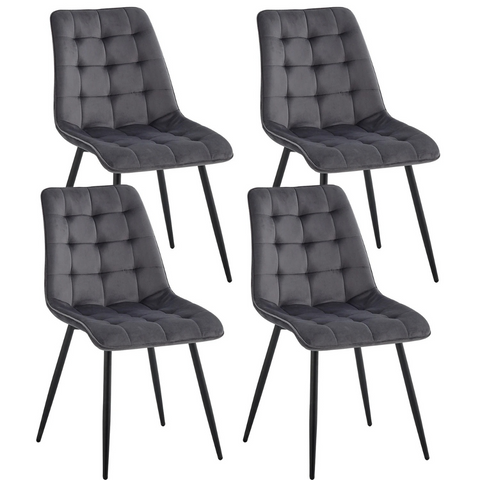 Set van 4 Moderne Eetkamerstoelen –  Grijs - Fluwelen Gewatteerde Stoelen met Ijzeren Poten – Nordic Stoelen voor Keuken en Woonkamer – Zwart Metalen Frame – Minimalistische Eetkamerstoel