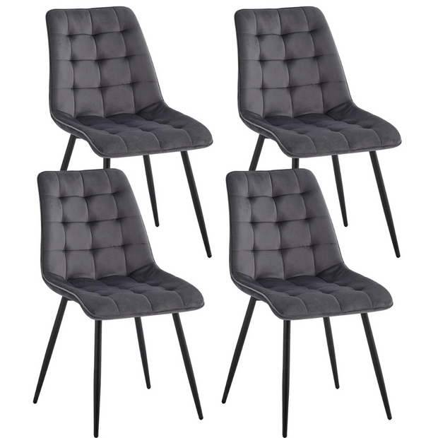 Set van 4 Moderne Eetkamerstoelen –  Grijs - Fluwelen Gewatteerde Stoelen met Ijzeren Poten – Nordic Stoelen voor Keuken en Woonkamer – Zwart Metalen Frame – Minimalistische Eetkamerstoel