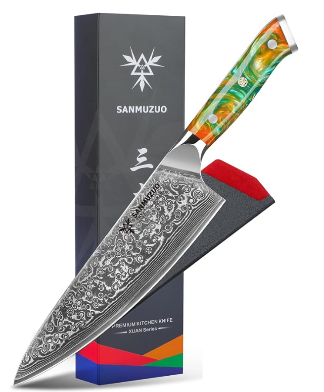 Keukenmessen – Messenset – Broodmes – Santokumes – Koksmes – VG10 Damascus Staal – Resin Handvat – 3-delig – Oranje