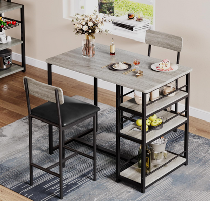 3-delige Barset – Bartafel Set – Barkrukken – Barmeubel – Keukentafel – Grijs – Massief Hout – Met Opbergruimte En Wijnrek