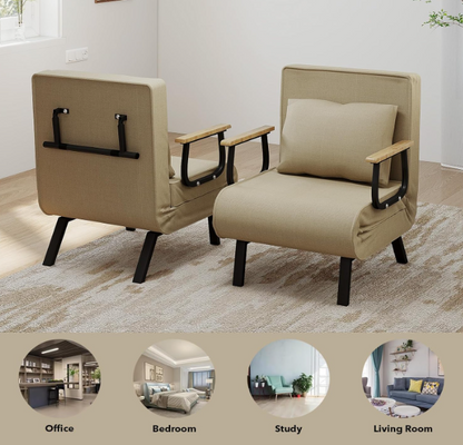 Opvouwbare Sofa Bed – Slaapbank – Bedbank – Klapbed – Multifunctionele Bank – Khaki Kleur – Memory Foam Comfort – Houten Armleuningen
