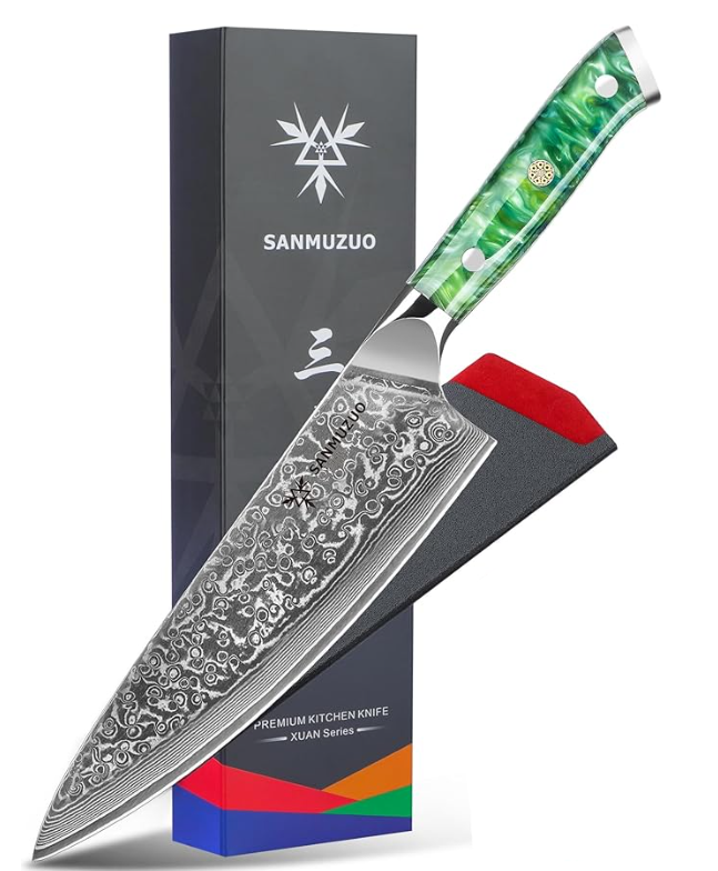 Koksmes – Keukenmes – Santokumes – Broodmes – Universeelmes – VG10 Damascus Staal – Resin Handvat – 3-delige Set – Groen