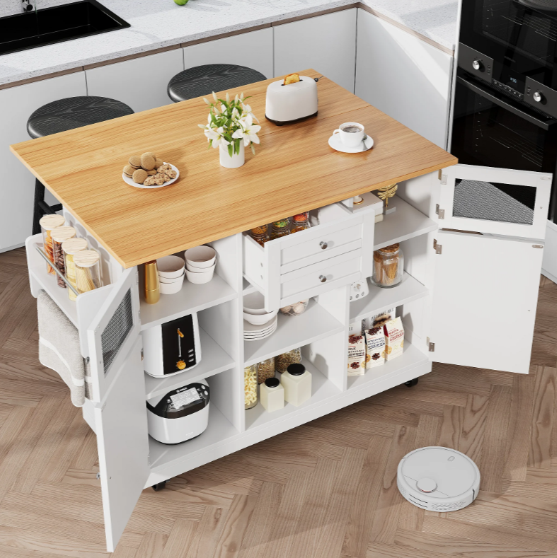 Kitchen island, dining cart with worktop, buffet cabinet, dining cart with wood grain, side towel rail,adjustable dividers,black - QUORE