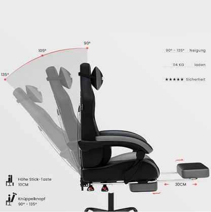 Gamingstoel – Gamestoel – Gaming Chair – Game Stoel – Esports Chair – Ergonomisch Ontwerp – Inklapbare Voetensteun – Verstelbare Rugleuning – PU-Leer – Geschikt Voor Harde Vloeren – Max 150 kg – Diepgrijs