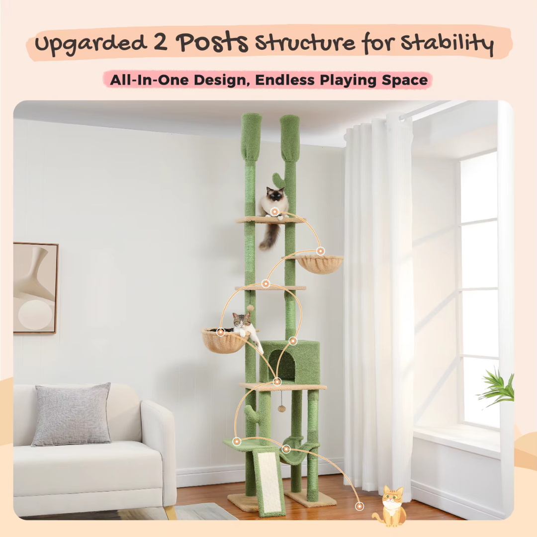 Cactus Kattentoren - Verstelbare Krabpaal met Sisal - Hangmat en 2 Mandjes - Kattenmeubel voor Meerdere Katten - Hoogte 216-285cm - Groen