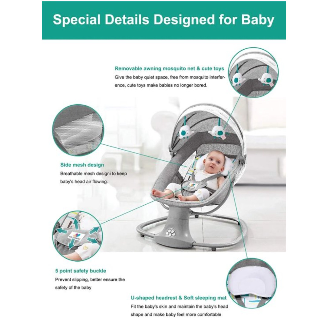 Elektrische Wipstoel Baby - Schommelstoel - Schommelwieg met Muziek en Bluetooth - 67x76x81cm - Comfortabele Elektrische Baby Swing - Grijs