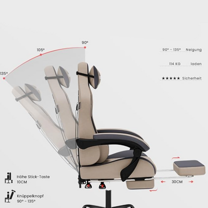Gamingstoel – Esports Stoel – Ergonomische Bureaustoel – Racestoel – Gamingfauteuil – Verstelbare Rugleuning – Voetensteun – Hoogwaardig PU-leer – Beige Grijs