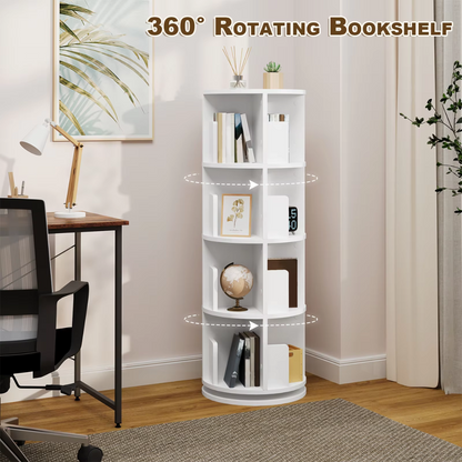Roterende Boekenkast – 360° Draaibaar Boekenrek met 4 Verdiepingen en 16 Compartimenten – Compact Opslagsysteem – 127,4 cm Hoog – Ideaal voor Kinderkamer, Woonkamer of Kantoor – Moderne Boekenkast in Wit