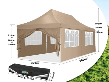 Partytent – Feesttent – Paviljoen – Tuintent – Opvouwbare Tent – 3x6 m – Waterdicht – 4 Afneembare Zijwanden – Verstelbare Hoogte – Inclusief Draagtas