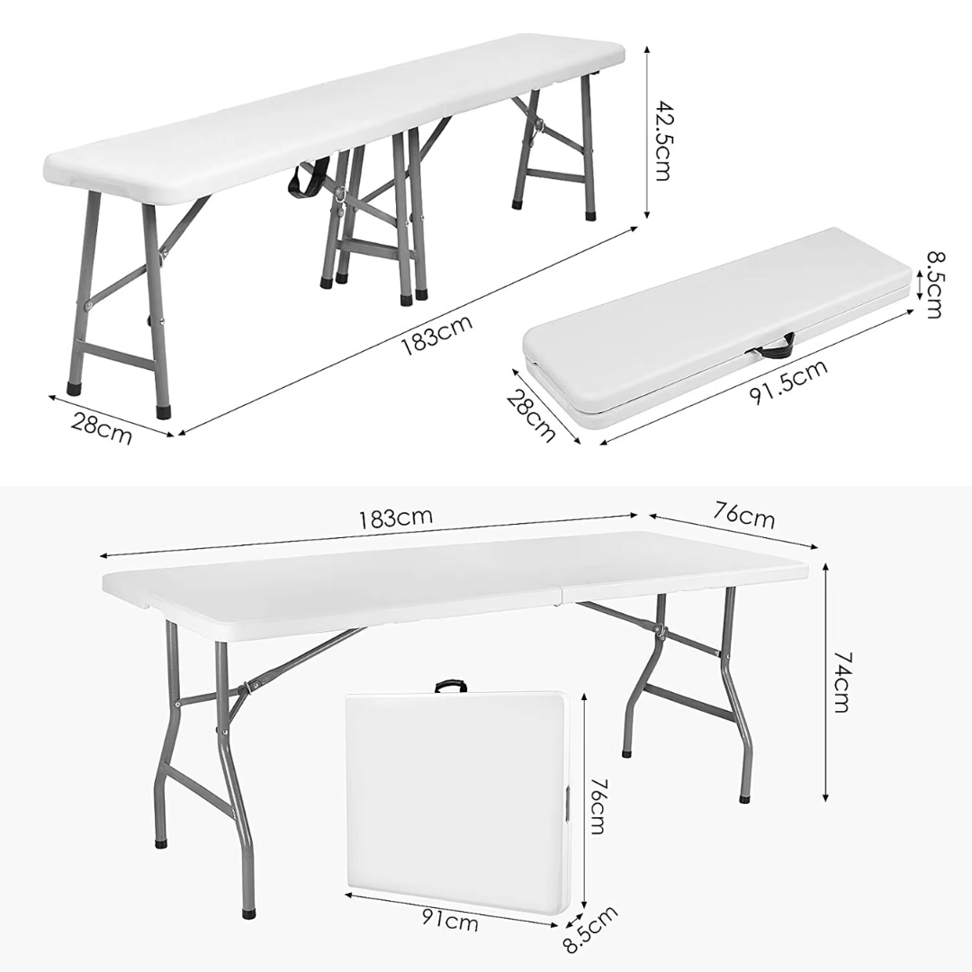 180 cm opvouwbare tafel met 2 banken – klaptafel set voor 8 personen – inklapbare campingtafel – picknicktafel – kunststof en staal – draagbaar met handgreep – binnen en buiten – wit blad, zwarte poten
