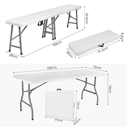180 cm opvouwbare tafel met 2 banken – klaptafel set voor 8 personen – inklapbare campingtafel – picknicktafel – kunststof en staal – draagbaar met handgreep – binnen en buiten – wit blad, zwarte poten