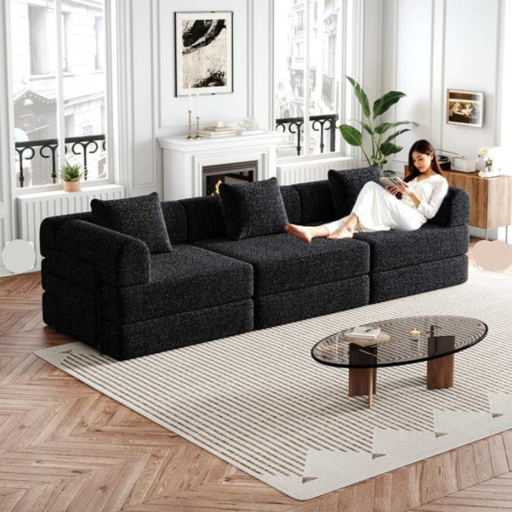 2-In-1 Chenille Sofa Bed – Slaapbank – Bankbed – Slaapbankje – 3-Zits Bank – Zwarte Stoffering – Verstelbaar Frame – Opbergruimte in Armleuning - QUORE