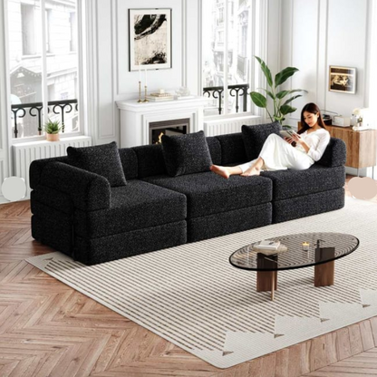2-In-1 Chenille Sofa Bed – Slaapbank – Bankbed – Slaapbankje – 3-Zits Bank – Zwarte Stoffering – Verstelbaar Frame – Opbergruimte in Armleuning - QUORE