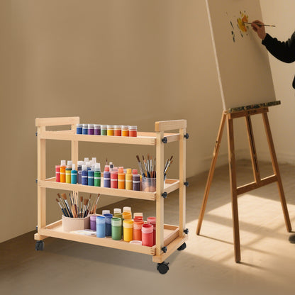 3-laags Kunstwagen – Kunstkar – Opberger – Trolley – Werkstation – Houten Planken – Metalen Frame – Mobiel met Remmen – Stevig & Ruim