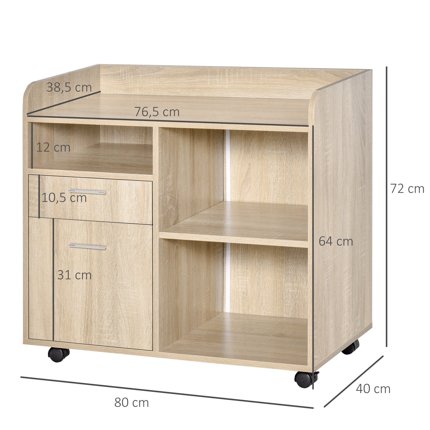 Rolwagen – Printerstandaard – Office Organizer – Mobiele Opberger – Bureauwagen – Licht Eikenhout – Verstelbare Plank – 80x40x72 cm