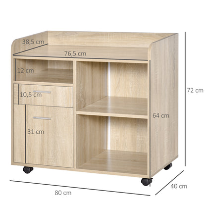 Rolwagen – Printerstandaard – Office Organizer – Mobiele Opberger – Bureauwagen – Licht Eikenhout – Verstelbare Plank – 80x40x72 cm